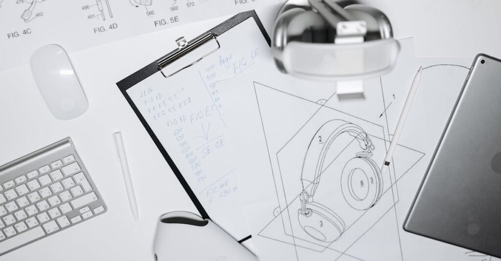 Top view of a workspace with headphone design sketches, keyboard, and mouse.